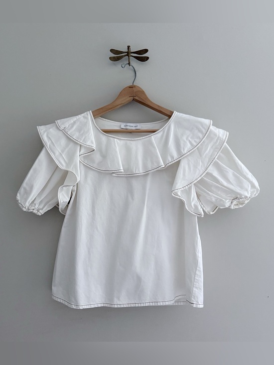 Something Navy Tops - Something Navy White Felix Ruffle Top Poplin Cotton XS